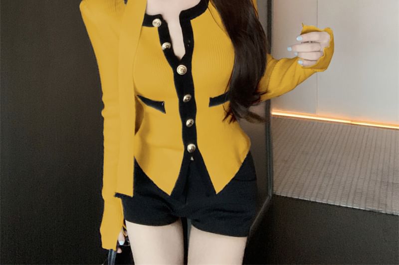 Contrast Trim Round Neck Cardigan