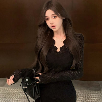 Elegant V-Neck Lace Blouse with Extended Sleeves