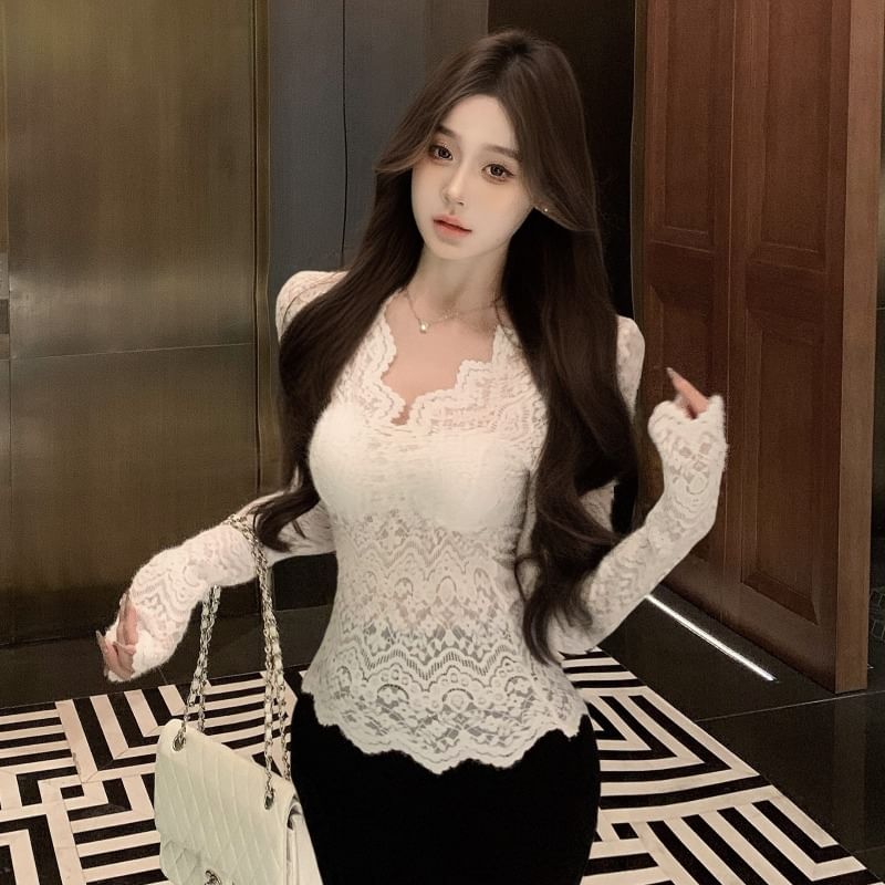 Elegant V-Neck Lace Blouse with Extended Sleeves