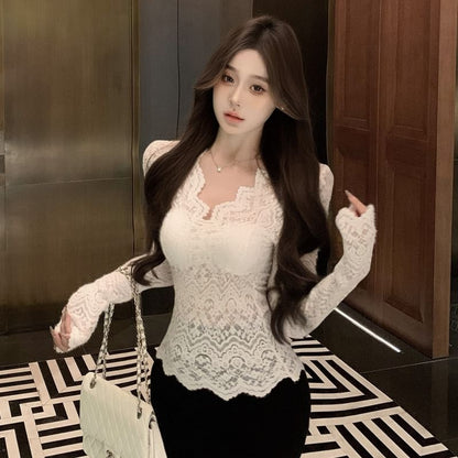 Elegant V-Neck Lace Blouse with Extended Sleeves