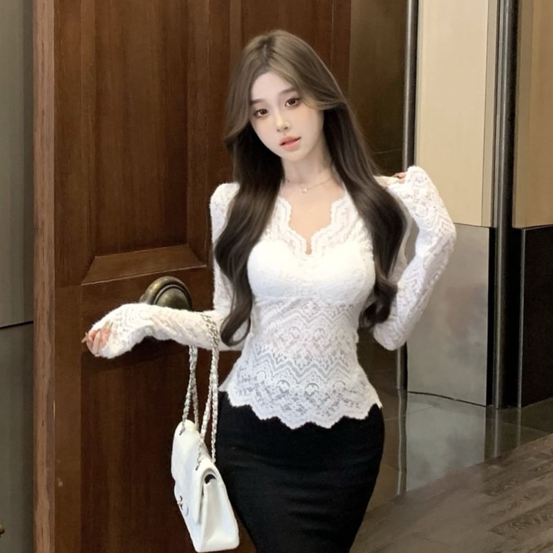 Elegant V-Neck Lace Blouse with Extended Sleeves