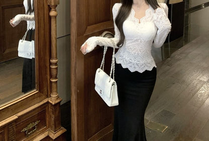 Elegant V-Neck Lace Blouse with Extended Sleeves
