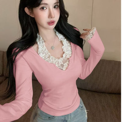 Halter Mock Two-Piece Lace Panel Top