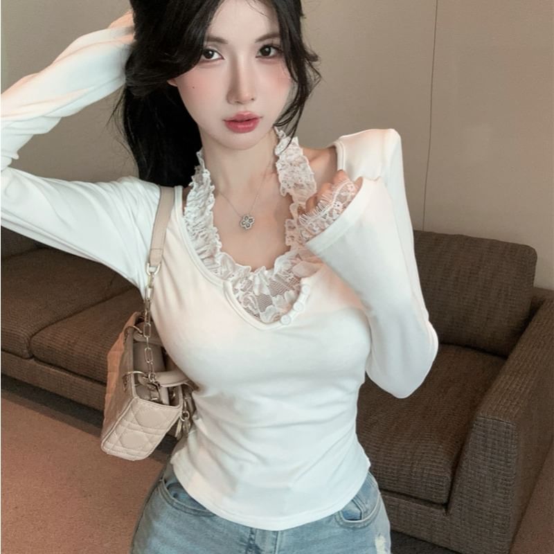 Halter Mock Two-Piece Lace Panel Top