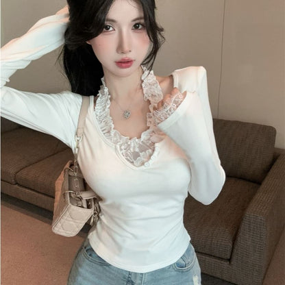 Halter Mock Two-Piece Lace Panel Top