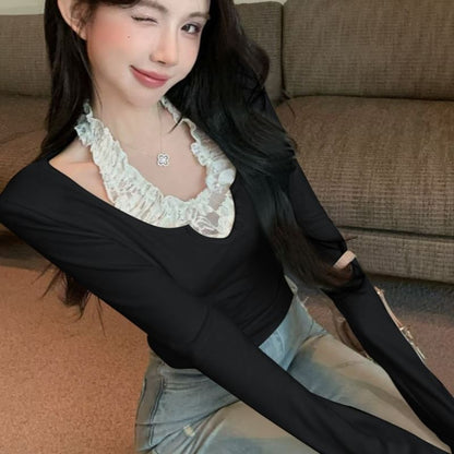 Halter Mock Two-Piece Lace Panel Top