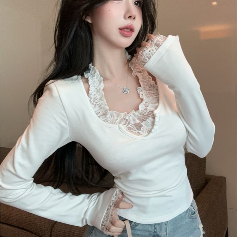 Halter Mock Two-Piece Lace Panel Top