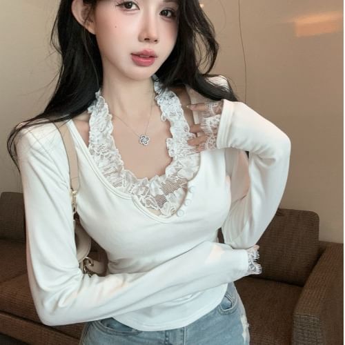 Halter Mock Two-Piece Lace Panel Top