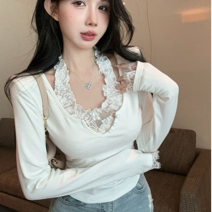 Halter Mock Two-Piece Lace Panel Top