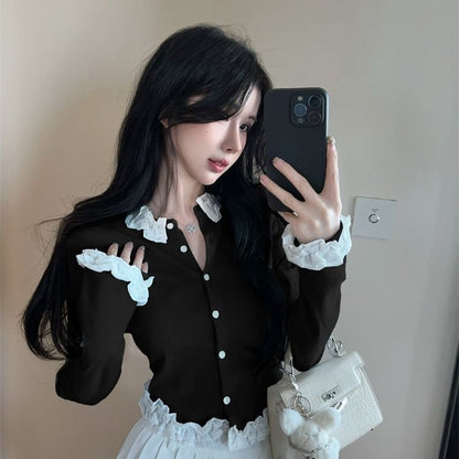 Ruffle Panel Round Neck Cardigan