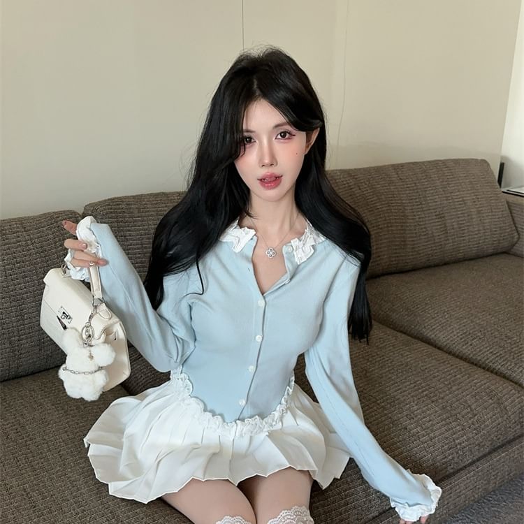 Ruffle Panel Round Neck Cardigan