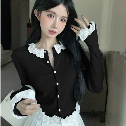 Ruffle Panel Round Neck Cardigan