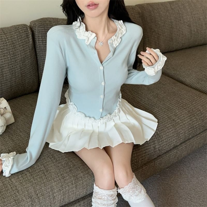 Ruffle Panel Round Neck Cardigan