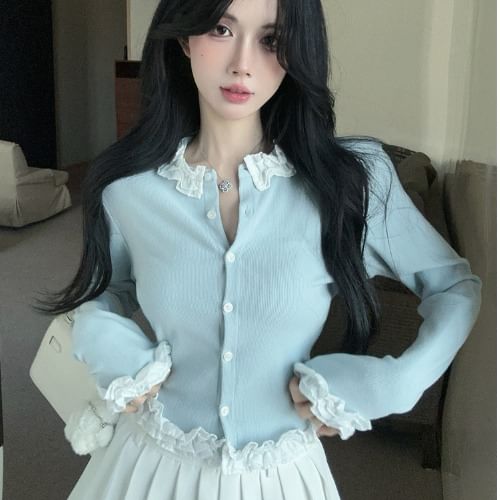 Ruffle Panel Round Neck Cardigan