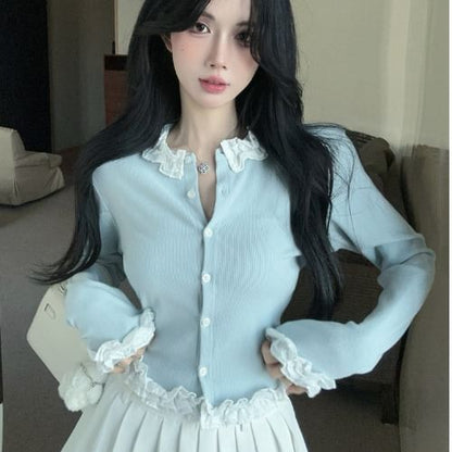 Ruffle Panel Round Neck Cardigan