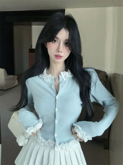 Ruffle Panel Round Neck Cardigan