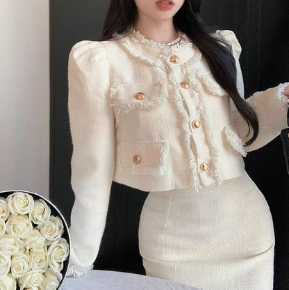 Fringed Crop Jacket and Pencil Skirt Set with Round Neck