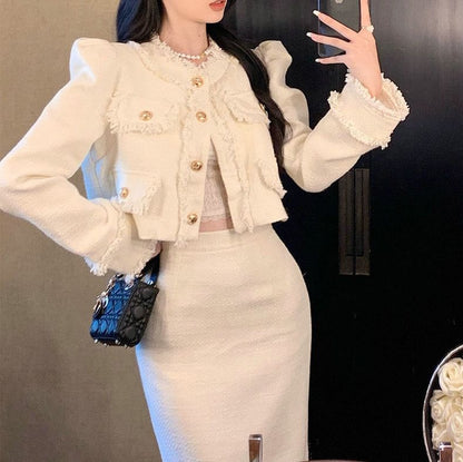 Fringed Crop Jacket and Pencil Skirt Set with Round Neck