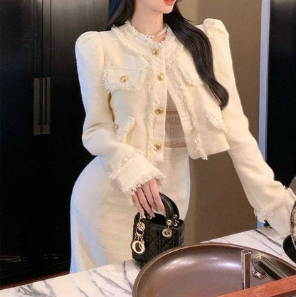 Fringed Crop Jacket and Pencil Skirt Set with Round Neck