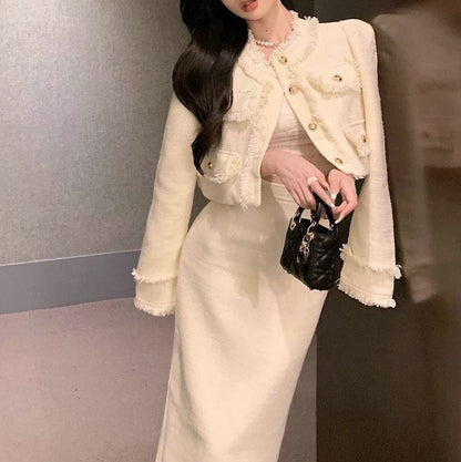 Fringed Crop Jacket and Pencil Skirt Set with Round Neck