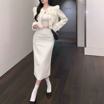 Fringed Crop Jacket and Pencil Skirt Set with Round Neck