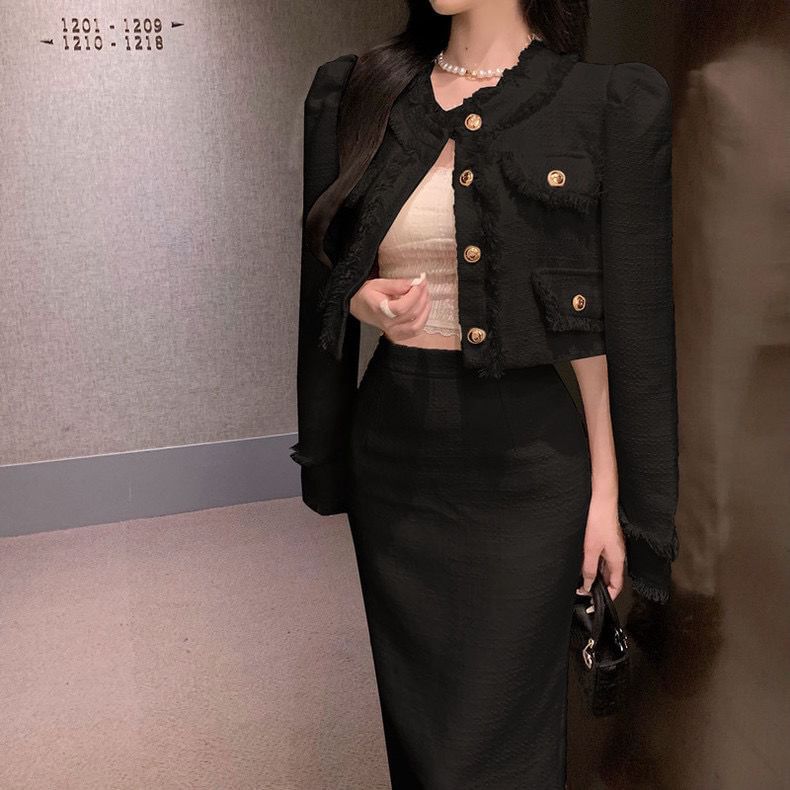 Fringed Crop Jacket and Pencil Skirt Set with Round Neck