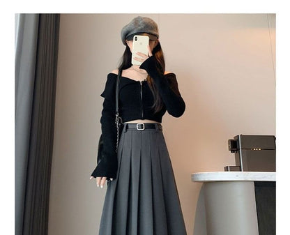 Pleated Midi A-Line Skirt with High Waist