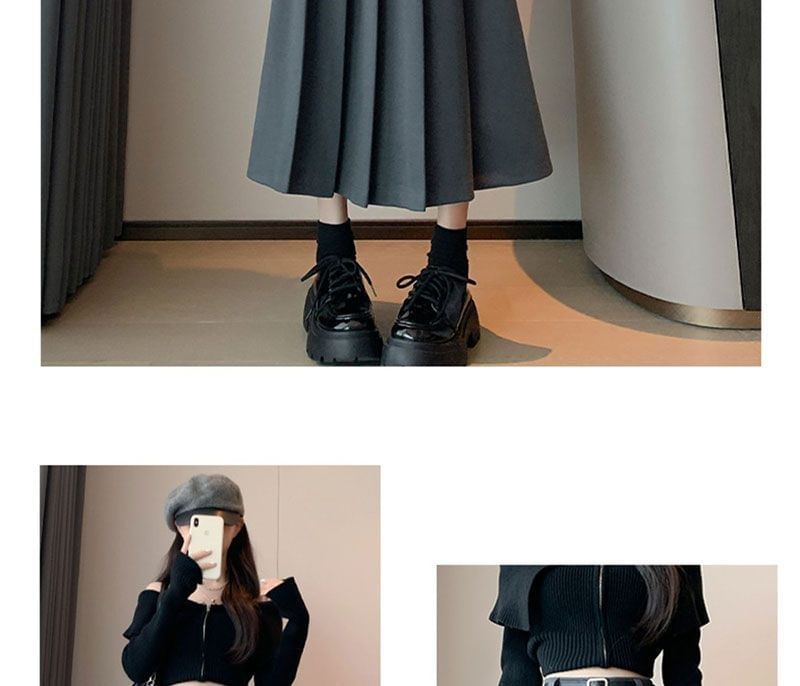 Pleated Midi A-Line Skirt with High Waist