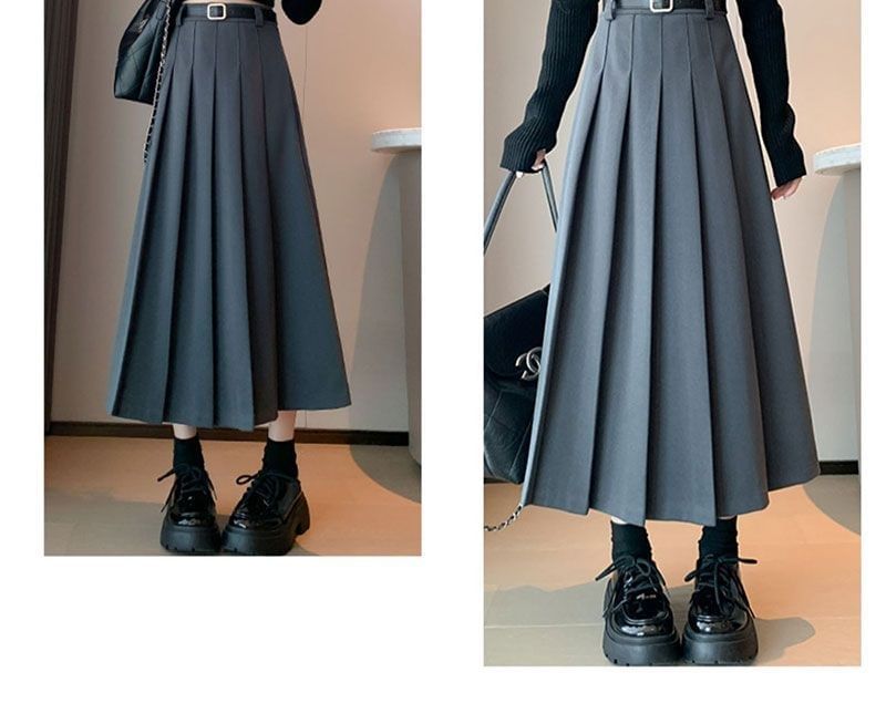 Pleated Midi A-Line Skirt with High Waist