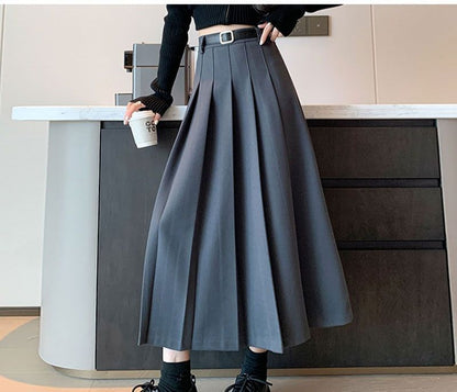 Pleated Midi A-Line Skirt with High Waist