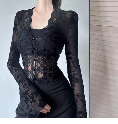 V-Neck Lace Crop Top with Long Sleeves