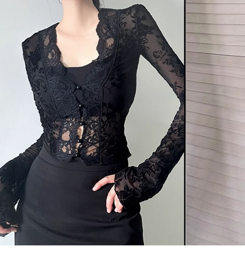 V-Neck Lace Crop Top with Long Sleeves
