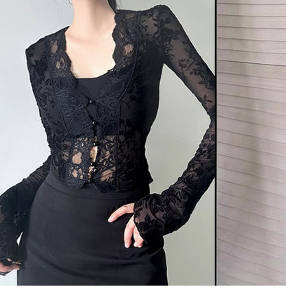 V-Neck Lace Crop Top with Long Sleeves