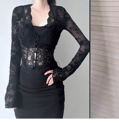 V-Neck Lace Crop Top with Long Sleeves