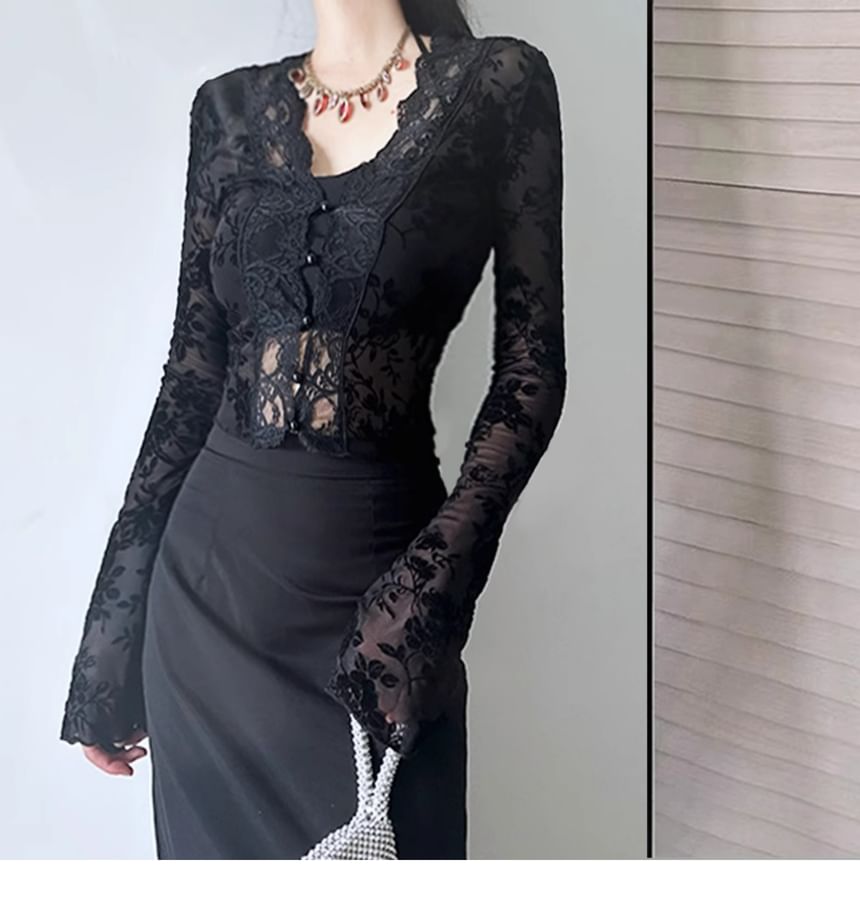V-Neck Lace Crop Top with Long Sleeves