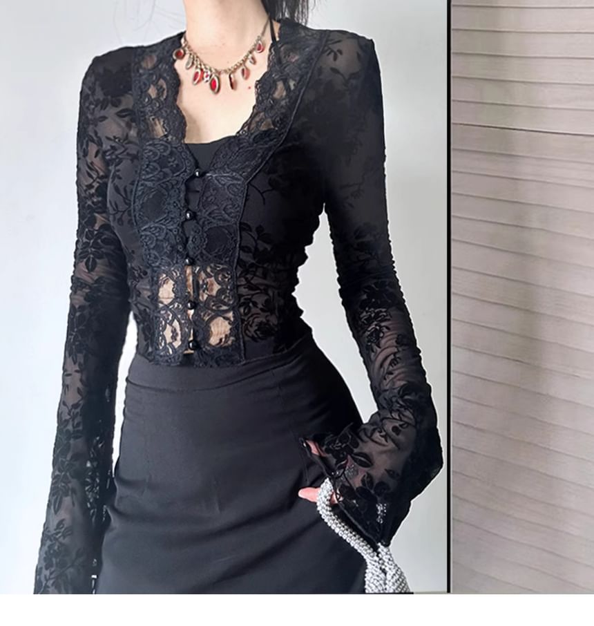 V-Neck Lace Crop Top with Long Sleeves