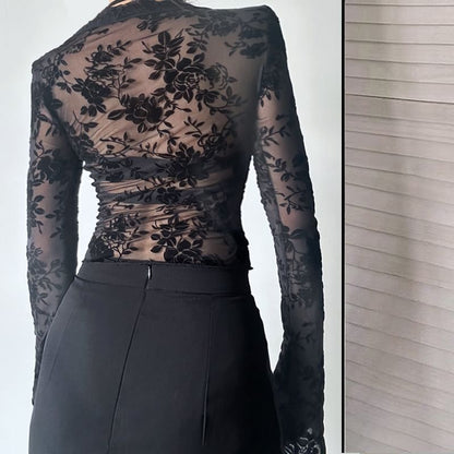 V-Neck Lace Crop Top with Long Sleeves