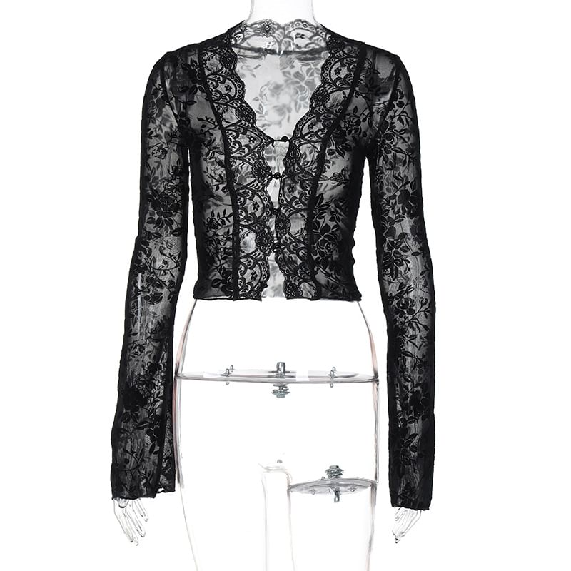 V-Neck Lace Crop Top with Long Sleeves