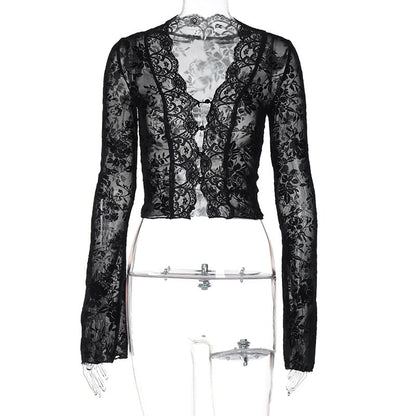 V-Neck Lace Crop Top with Long Sleeves