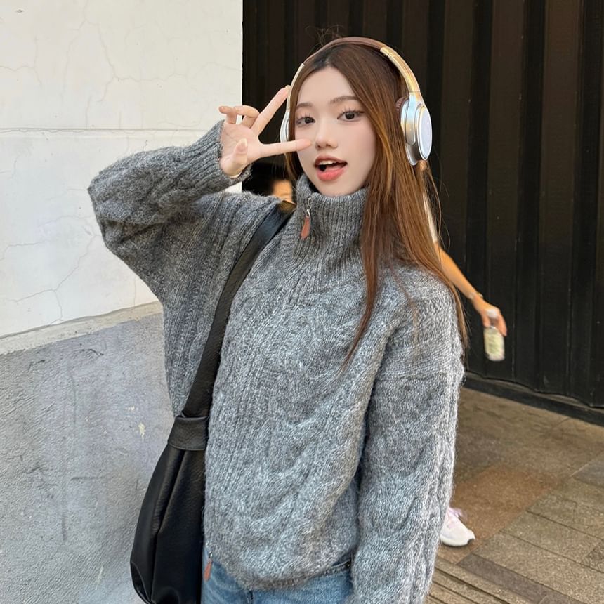 Plain Turtleneck Zip Cardigan