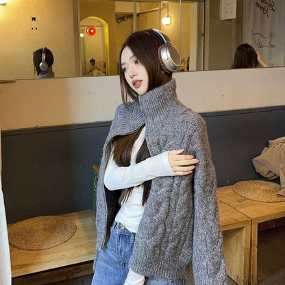 Plain Turtleneck Zip Cardigan