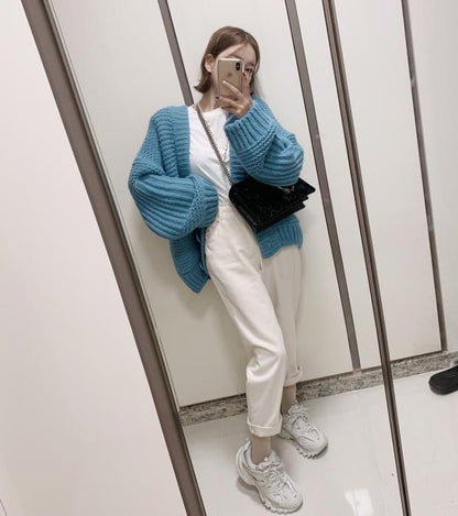 Button-Front Plain Cardigan