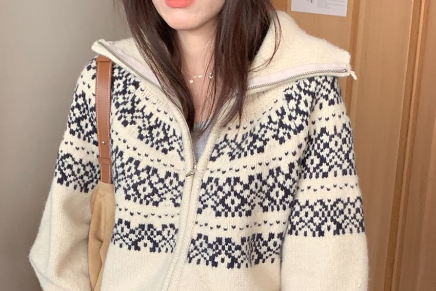 Jacquard Zip-Front Cardigan