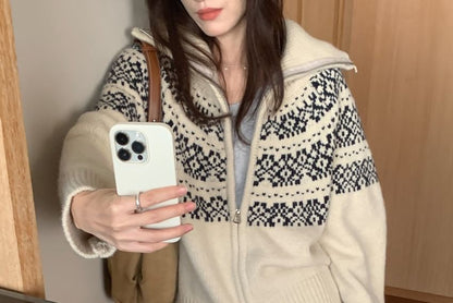 Jacquard Zip-Front Cardigan