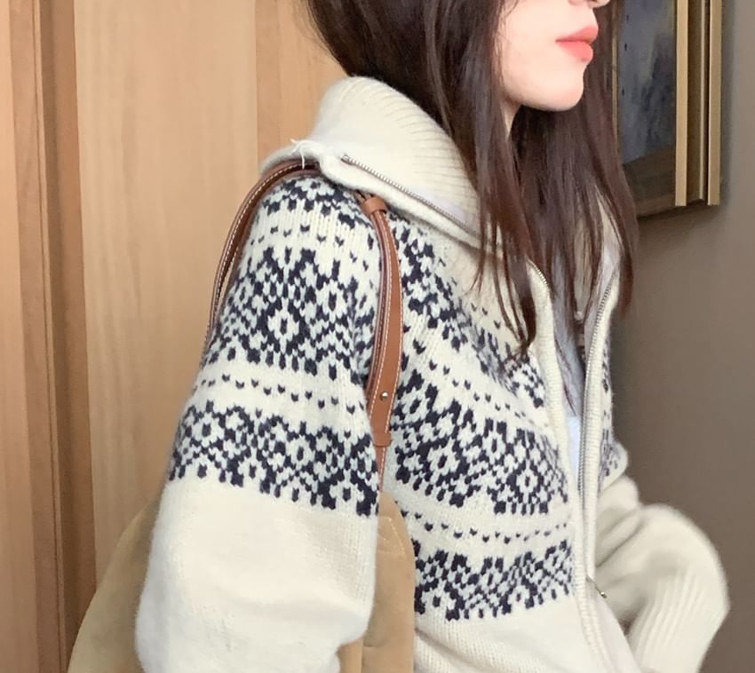 Jacquard Zip-Front Cardigan