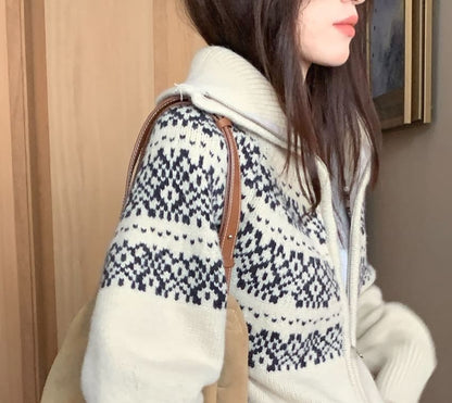 Jacquard Zip-Front Cardigan