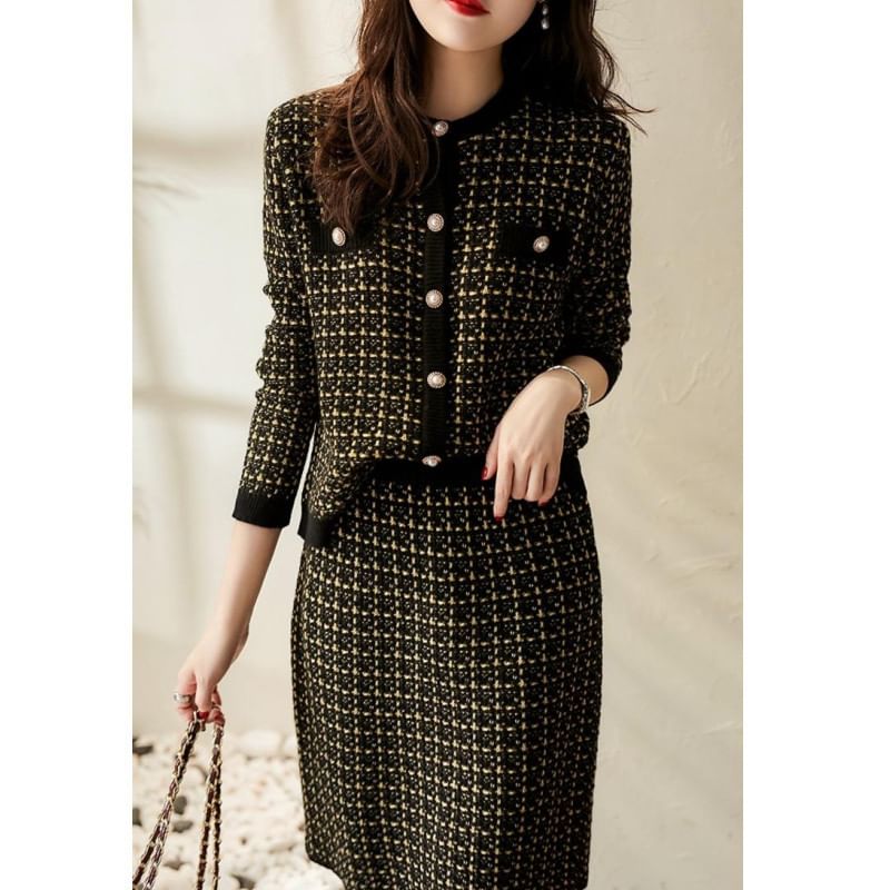 Plaid Button Cardigan & High Rise Midi Pencil Skirt Set