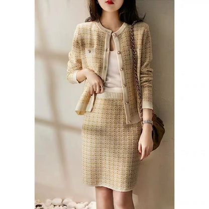 Plaid Button Cardigan & High Rise Midi Pencil Skirt Set