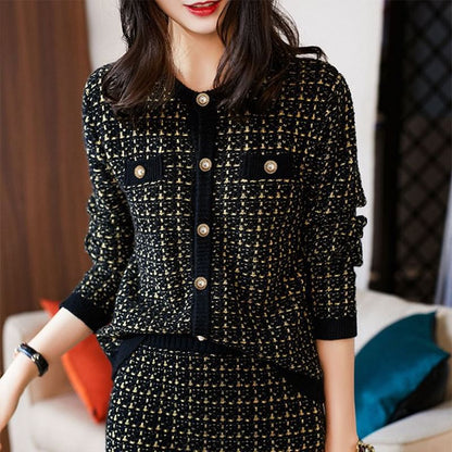 Plaid Button Cardigan & High Rise Midi Pencil Skirt Set