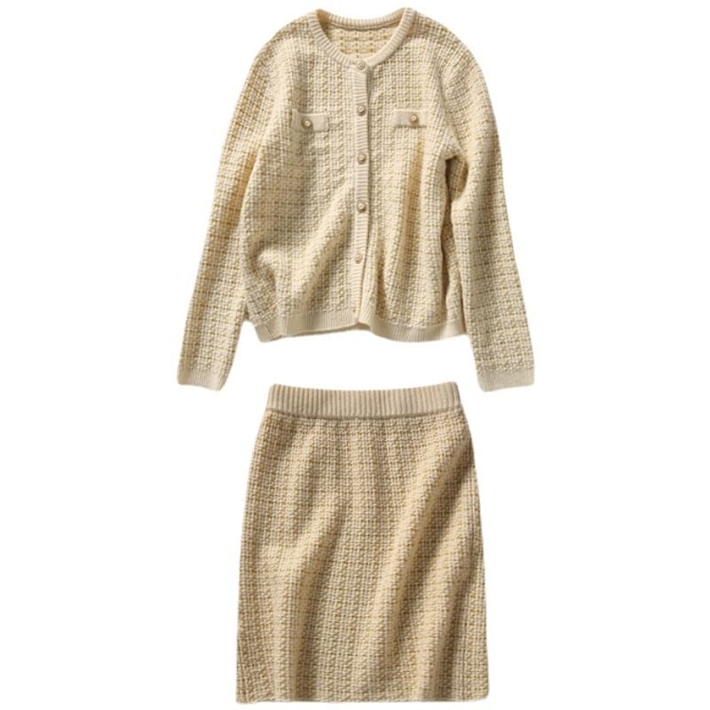 Plaid Button Cardigan & High Rise Midi Pencil Skirt Set